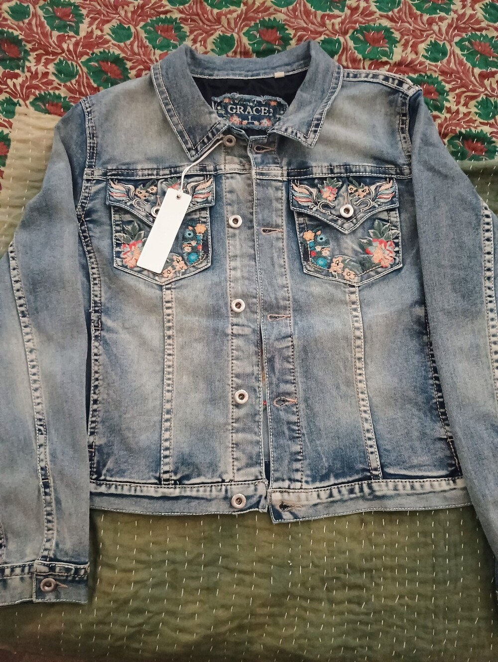 Grace Light Wash Denim Jacket with Multicolor Floral Embroidery